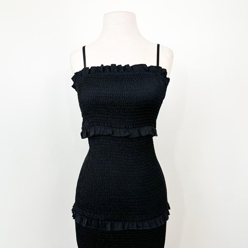 Mable Black Tiered Ruffle Ruched Smocked Strappy Long Maxi Dress size medium